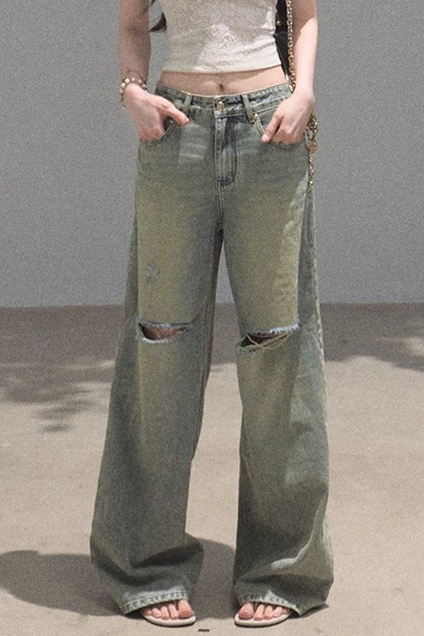 Vintage Distressed Ripped Denim Long Pants