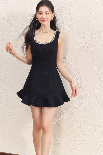 Black Square Neck Ruffled Hem Dress