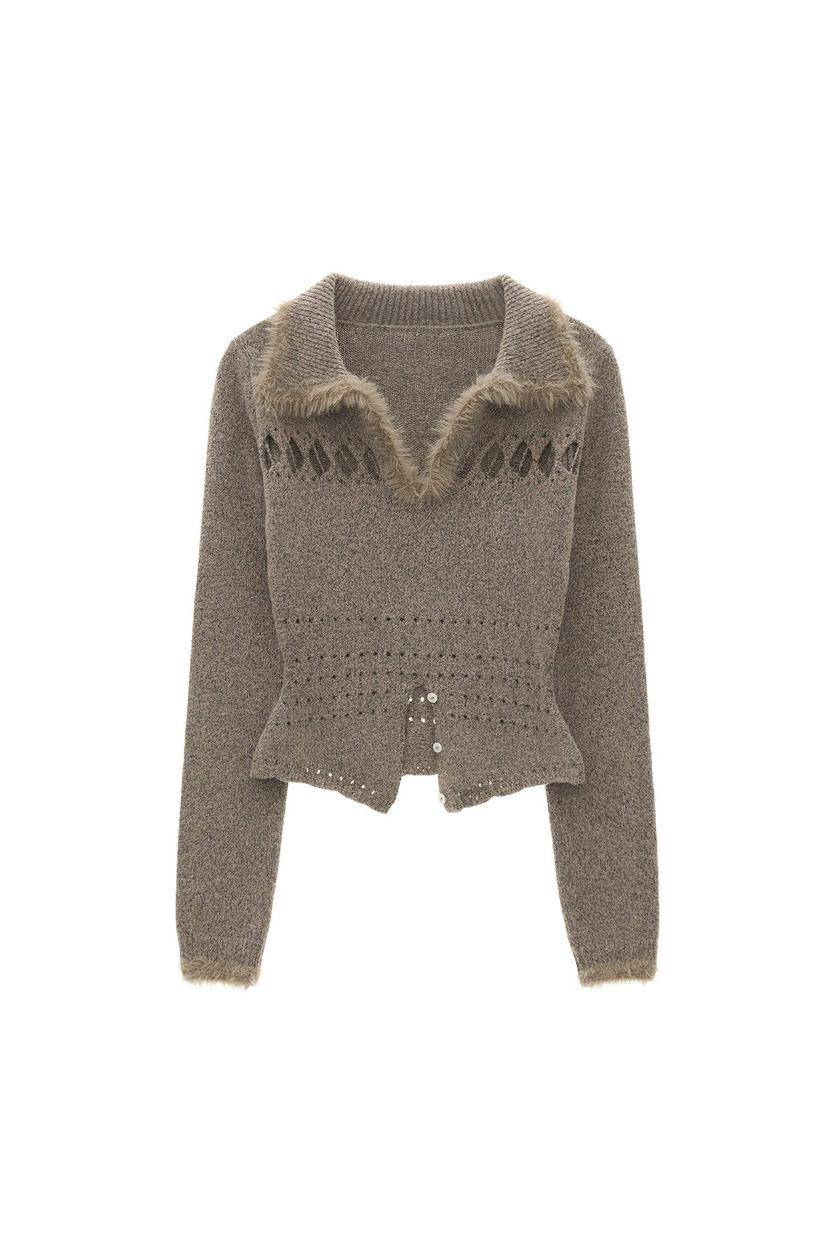 Long-Sleeve Patchwork Hollow-Out Lapel Sweater