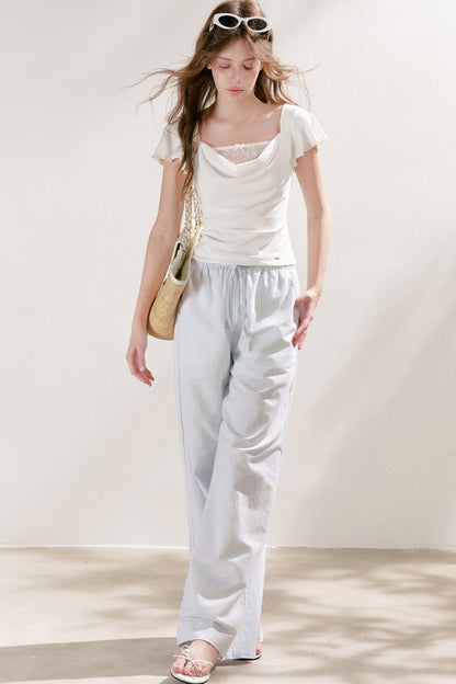 High-Waisted Linen Cotton Drawstring Wide-Leg Pants
