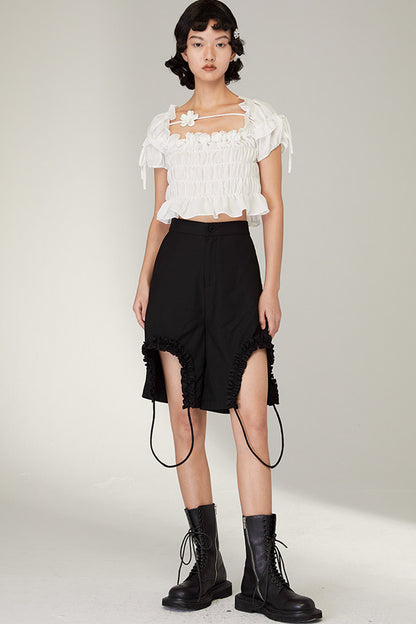 French-Style Black Ruffled Smocked Blouse