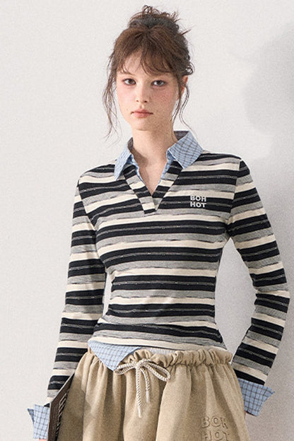 Striped Layered-Look Long-Sleeve Polo Shirt
