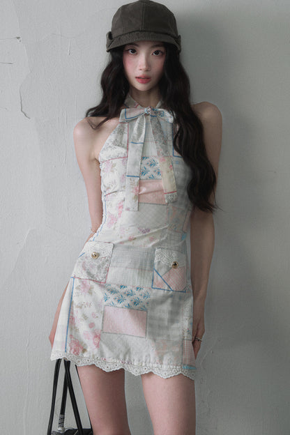 Patchwork Halter Bow Tie Sleeveless Lace Dress