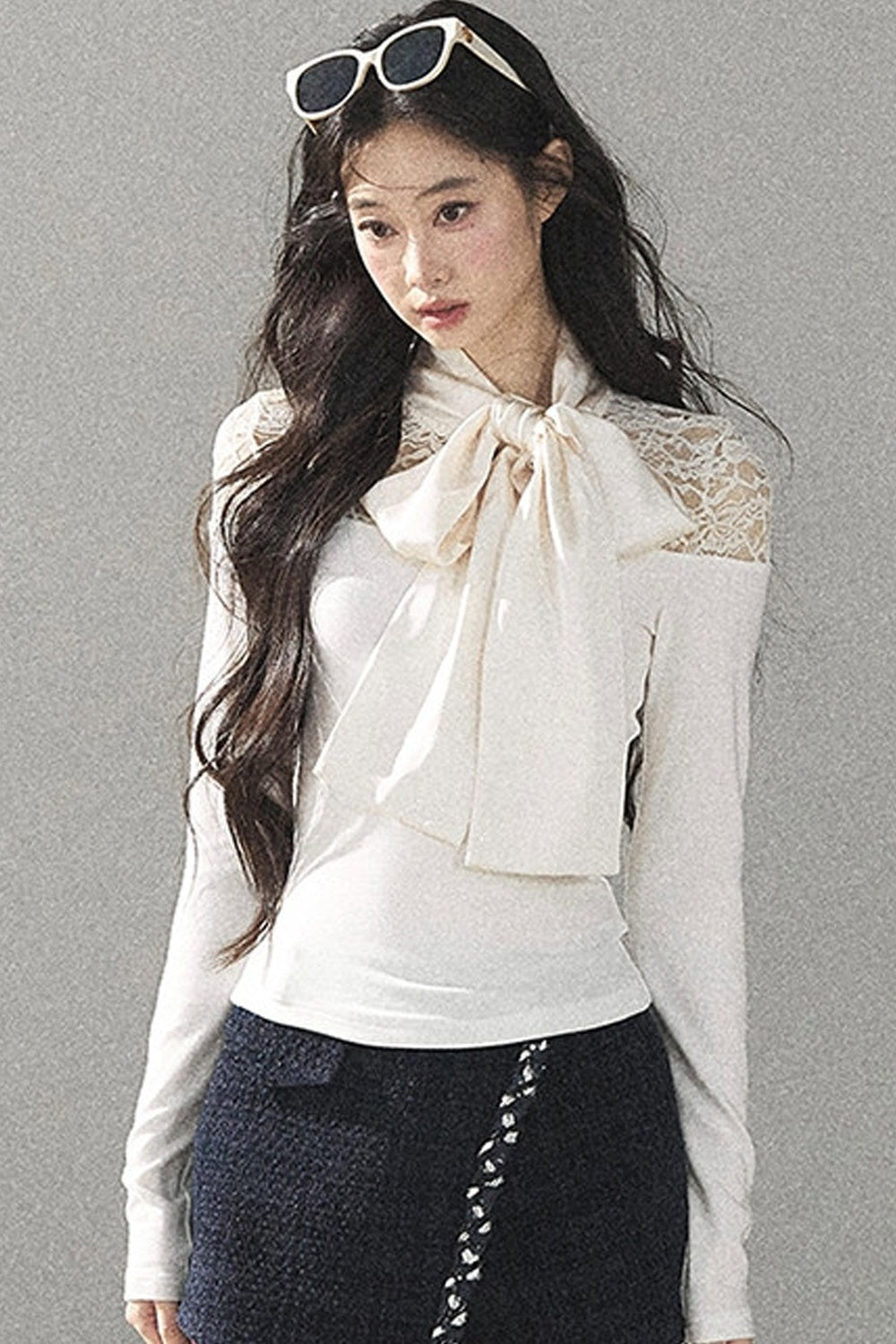 Bow Lace Hollow-Out Long-Sleeve T-Shirt Top