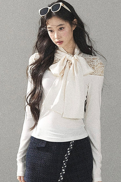 Bow Lace Hollow-Out Long-Sleeve T-Shirt Top