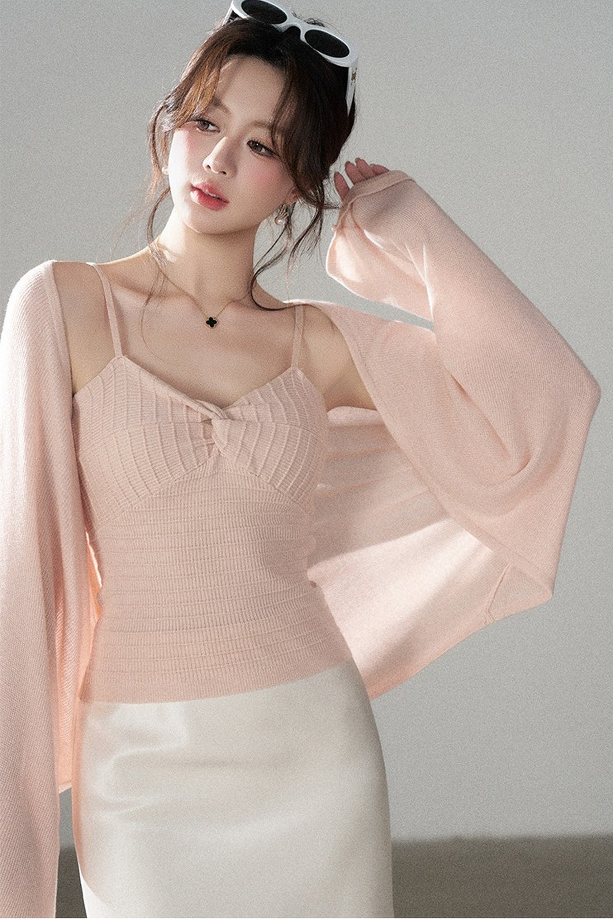 V-Neck Knitted Cardigan and Camisole Set-Up