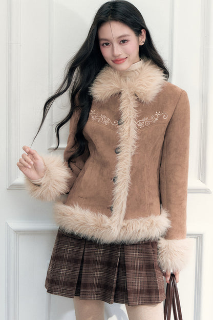 Embroidered Suede Faux Fur Jacket