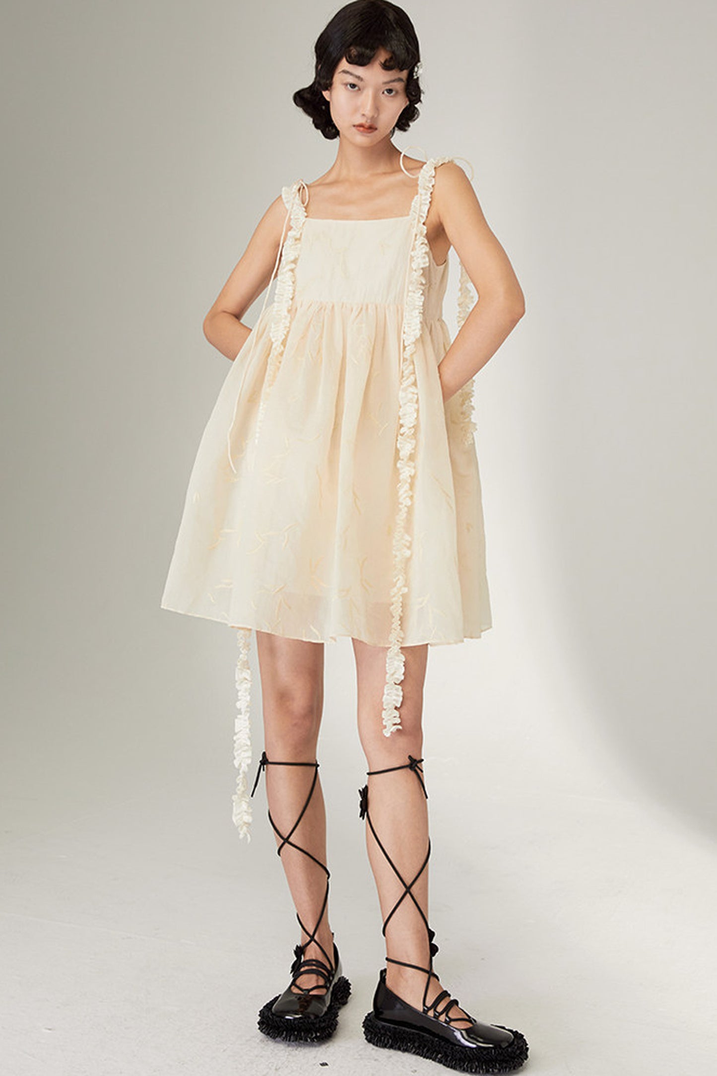 Floral Jacquard Ruffle Strap Dress