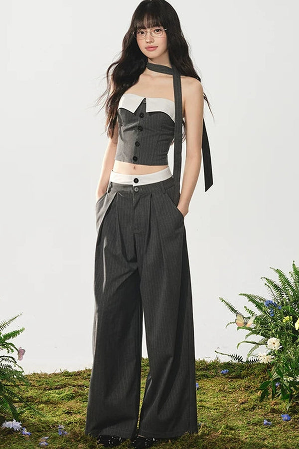 Color-Block Off-Shoulder Top Wide-Leg Pants Set