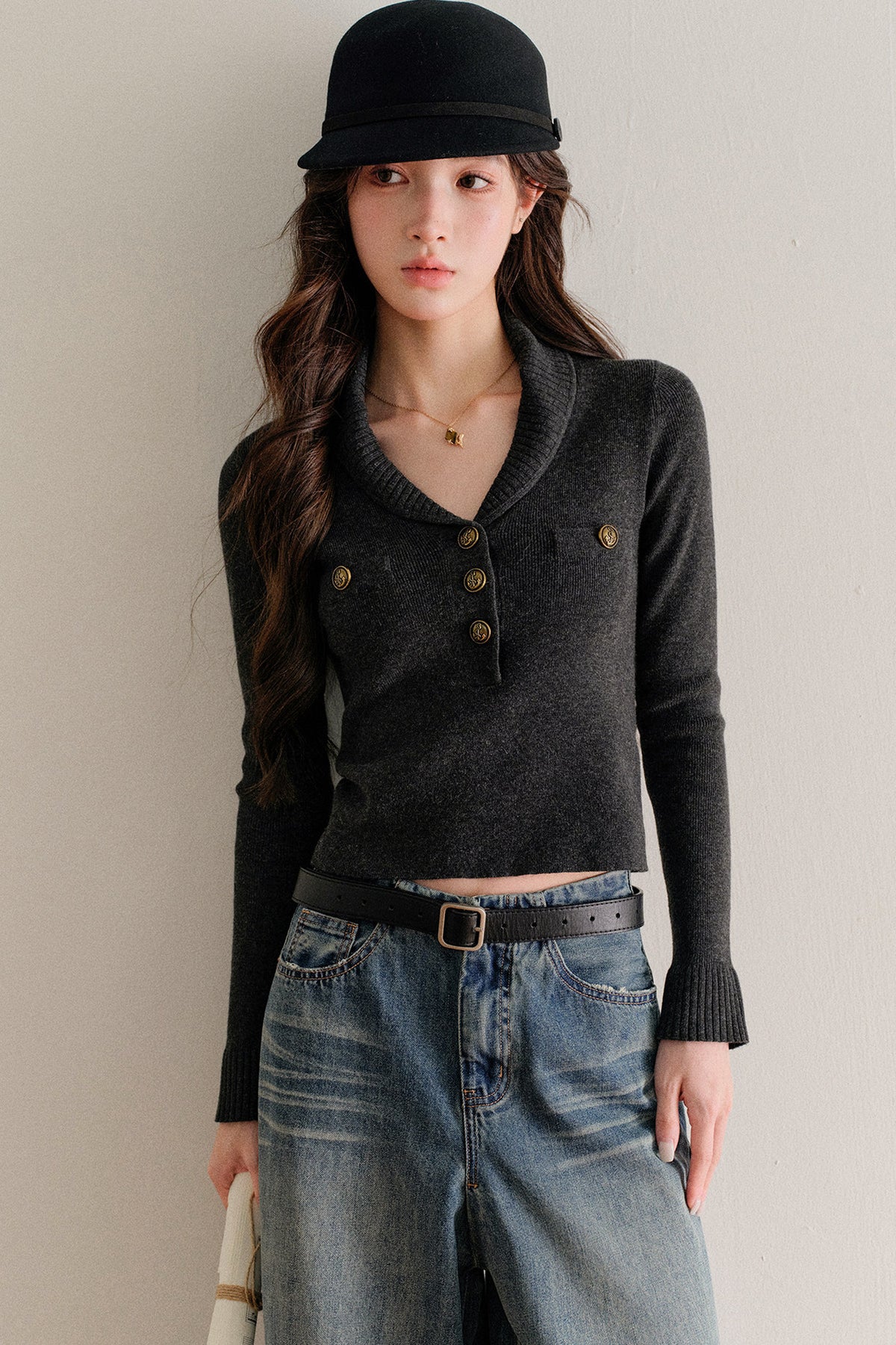 Half-Button Shawl Collar Wool-Blend Knit Sweater