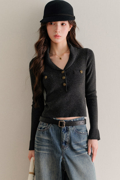 Half-Button Shawl Collar Wool-Blend Knit Sweater