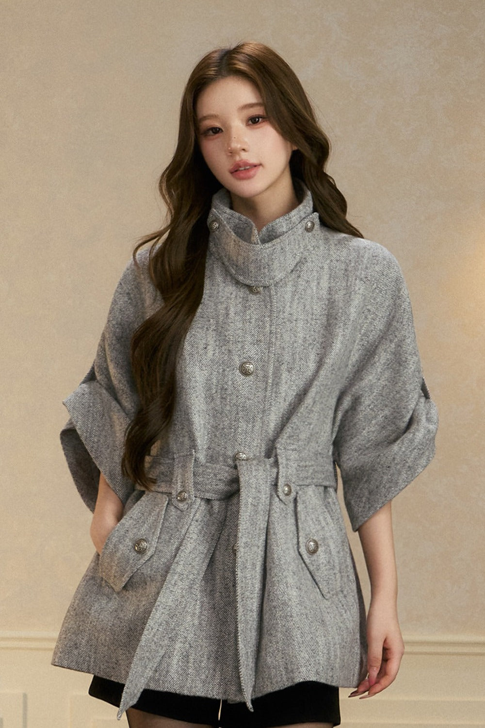 Stand Collar Batwing Wool Cape Jacket