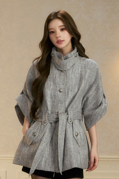 Stand Collar Batwing Wool Cape Jacket
