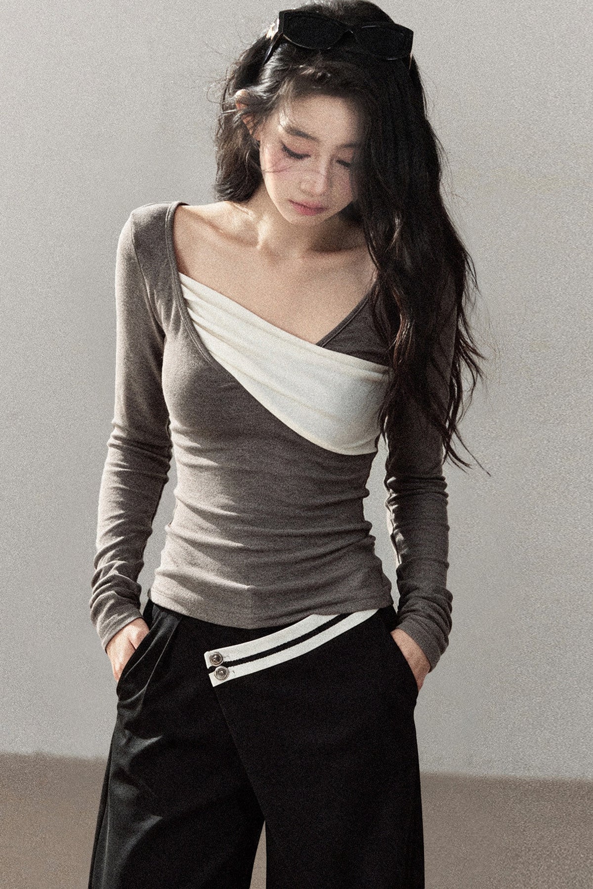 Spliced Regular Shoulder Long-Sleeve T-shirt