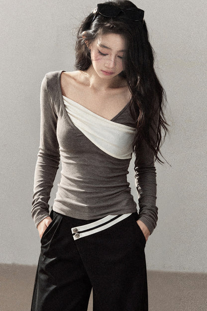 Spliced Regular Shoulder Long-Sleeve T-shirt