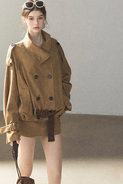 Chestnut Brown Faux Suede Windbreaker and Shorts Set-Up