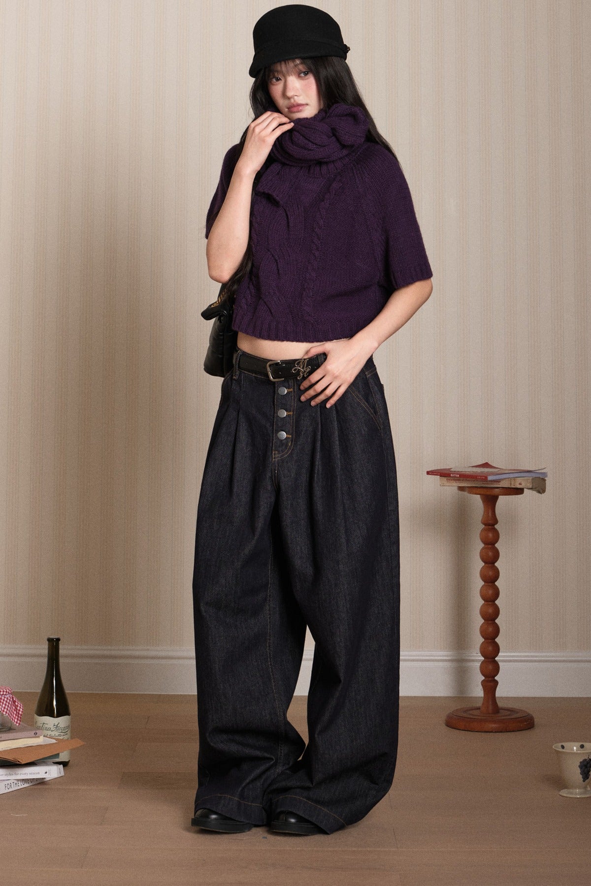 Short Sleeve Scarf Layered Knit Sweater