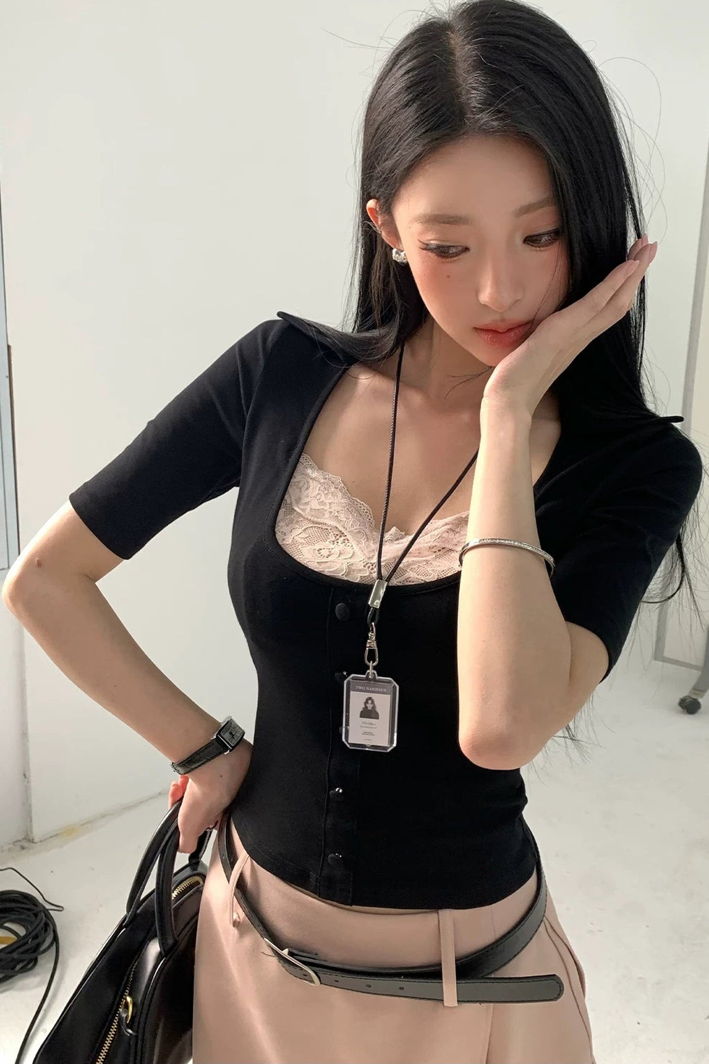 Fake Two-Piece U-Neck Short Top Set-Up