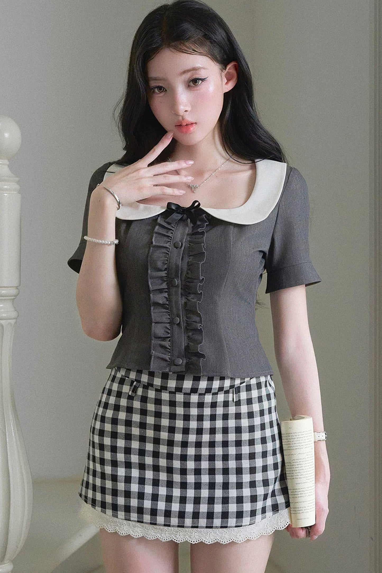 블랙 체크 러플 피터팬 칼라 셋업