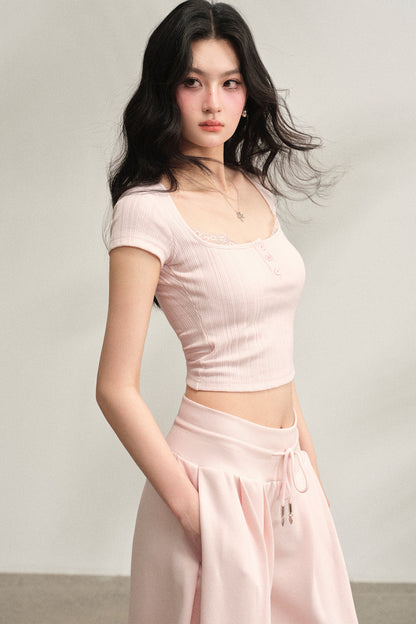 Square Neck Lace Ribbed Crop Top