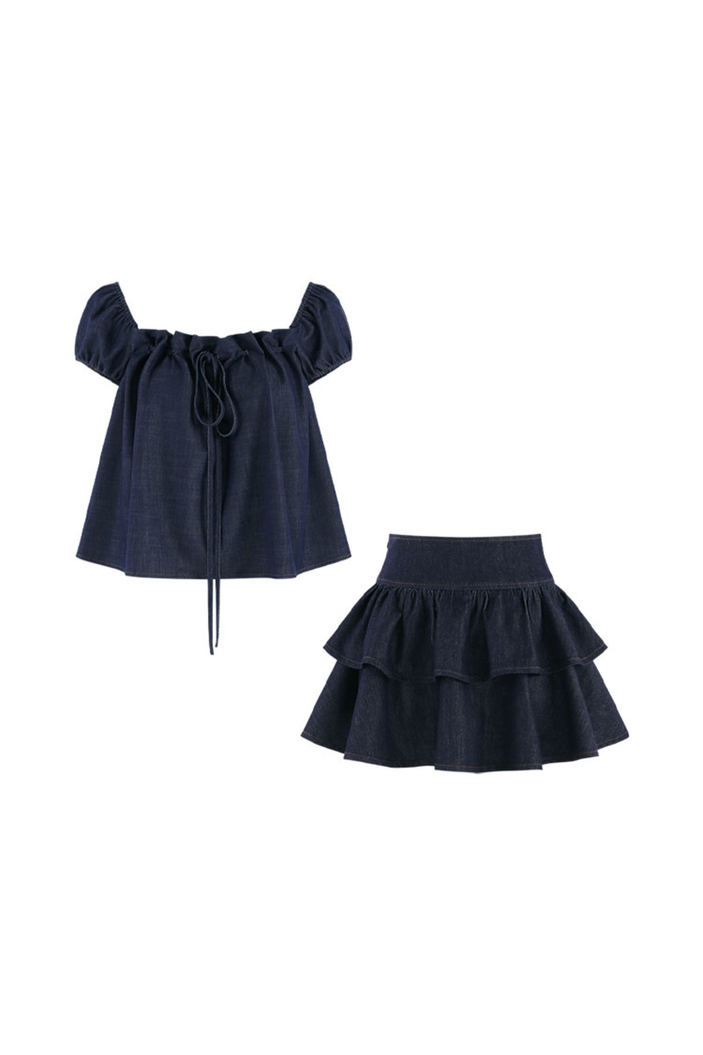 Denim Puff Sleeve Top And Skirt Set