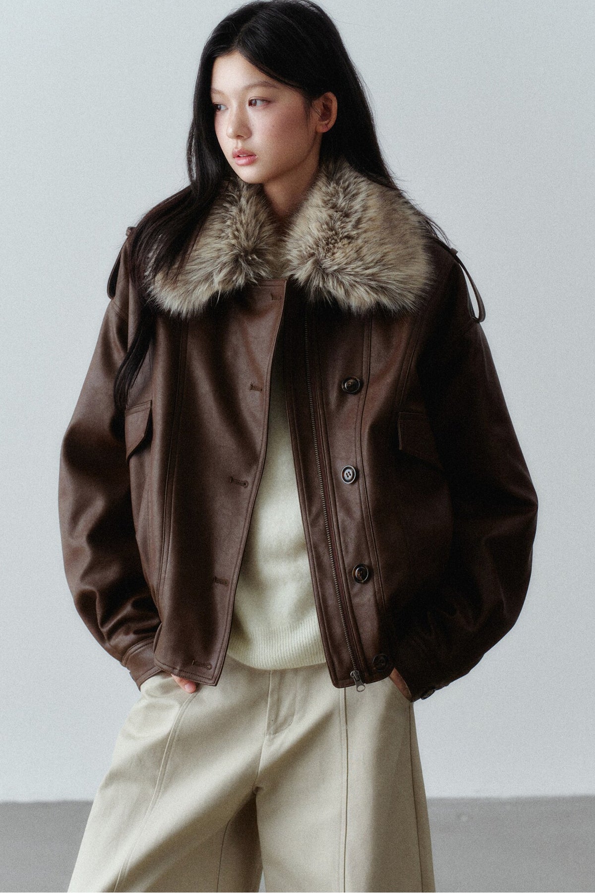 Fur Collar Button-Up Short Jacket