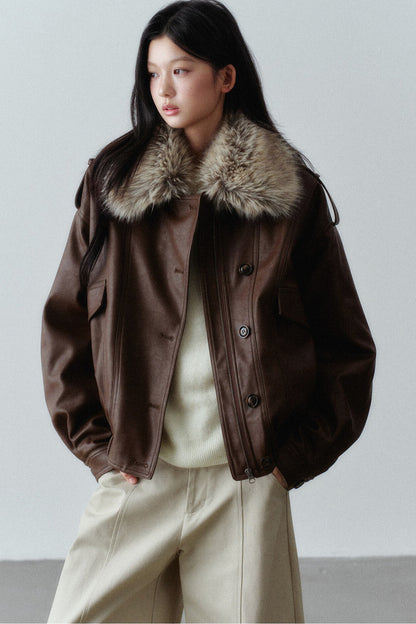 Fur Collar Button-Up Short Jacket