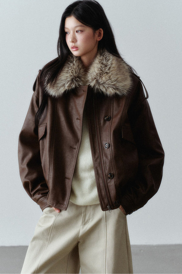Fur Collar Button-Up Short Jacket