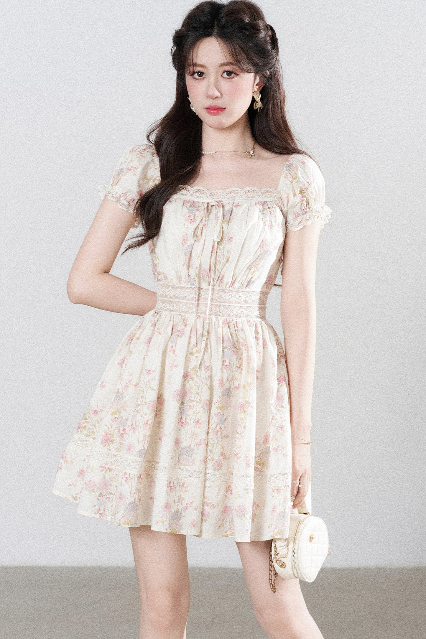 A-Line Puff Sleeve Square Neck Floral Dress