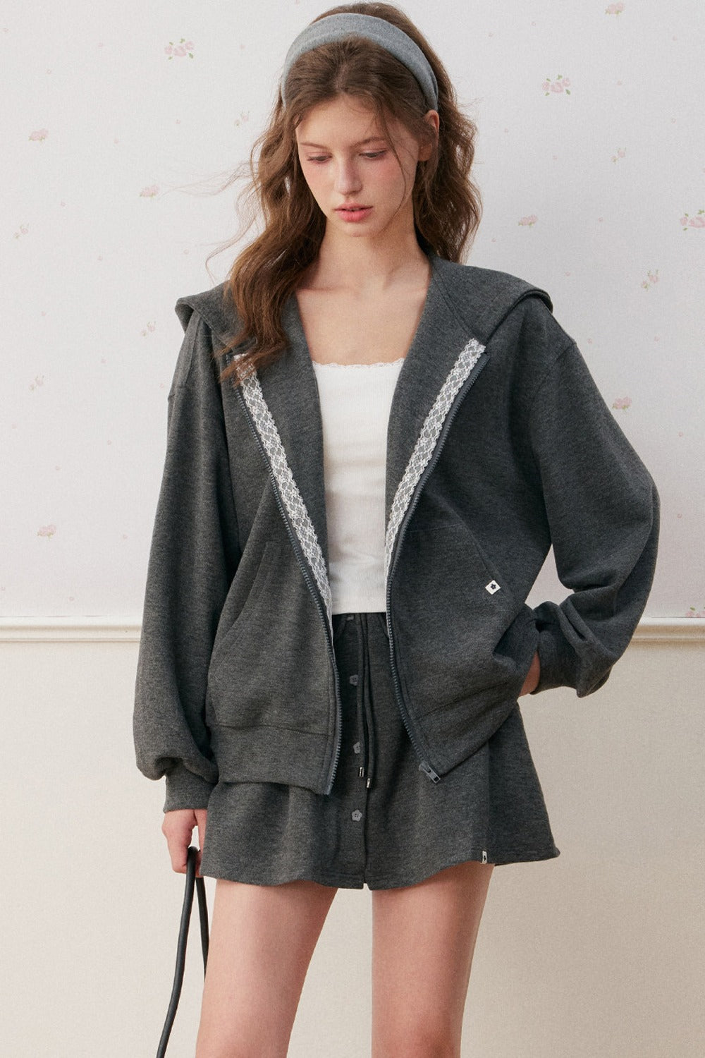 Lace Trim Hoodie And A-Line Skirt Set-Up