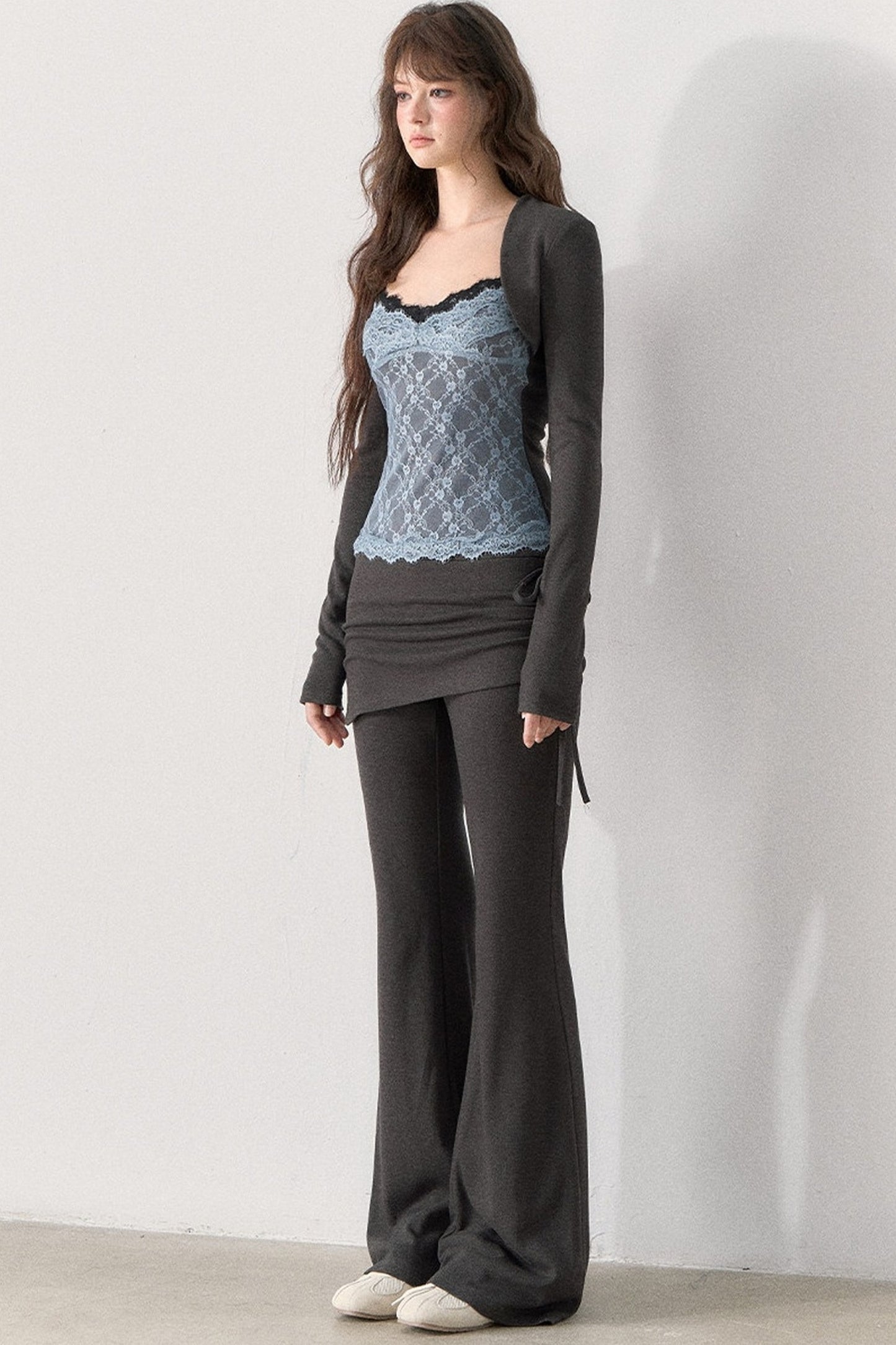 Lace Trim Knit Top and Flared Pants Set-Up
