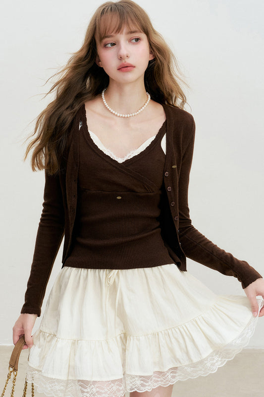 V-Neck Knit Cardigan And Vest Set-Up