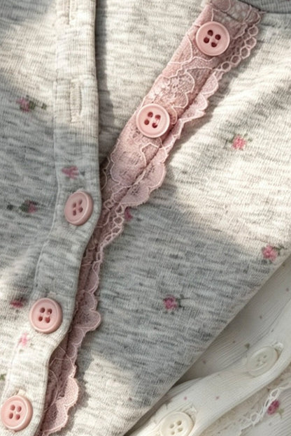 Floral Print Henley Lace Trim Top