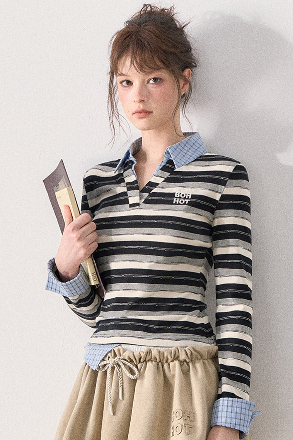 Striped Layered-Look Long-Sleeve Polo Shirt