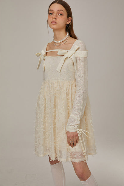 Beige Plaid Lace Bow Dress