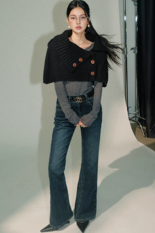 Asymmetrical Lapel Knit Cape and Pants Set-Up
