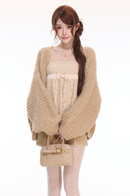 Chunky Knit Cardigan With Lace Top and Pants Set-Up