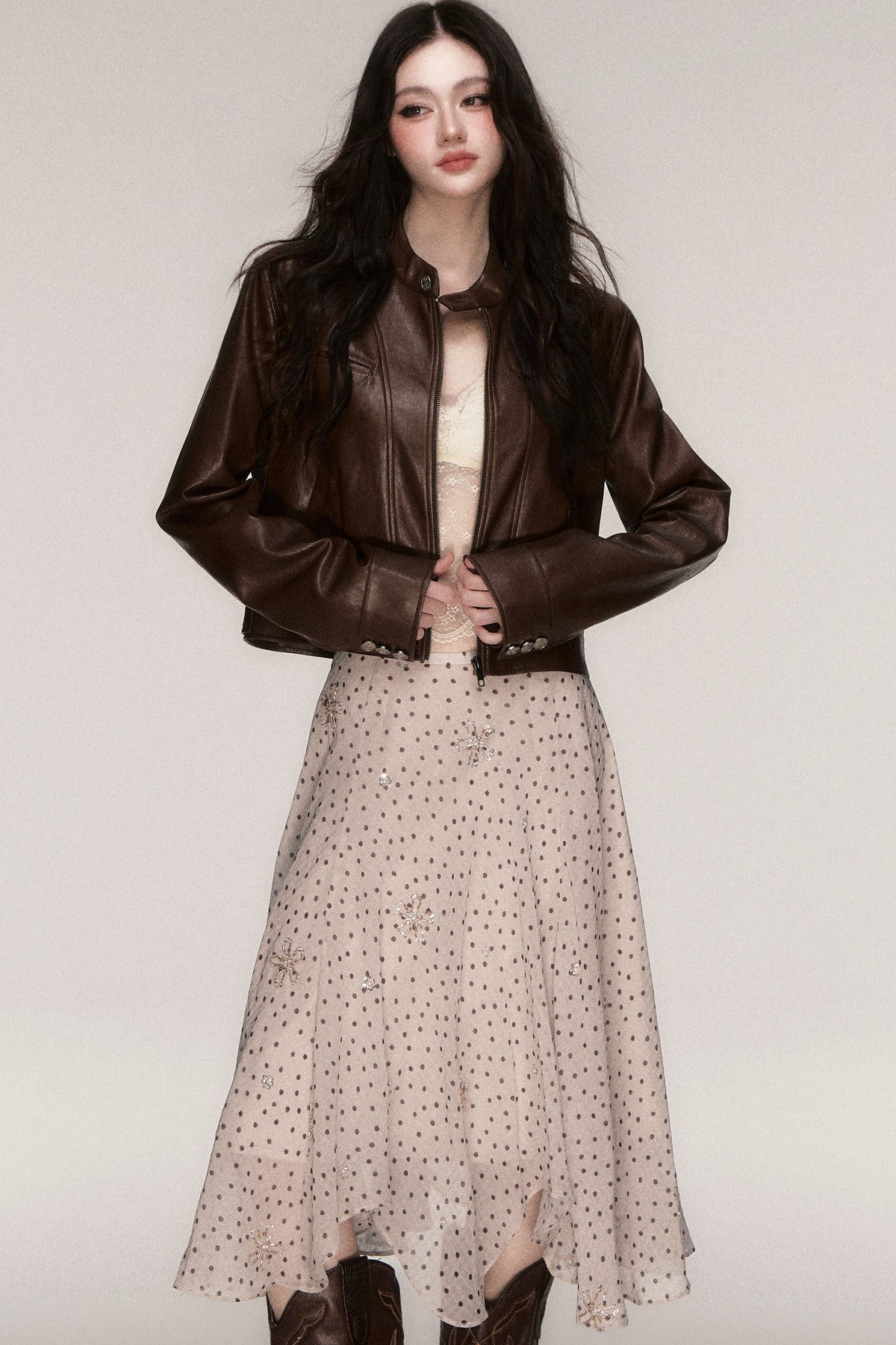 Brown Stand-Up Collar PU Leather Jacket