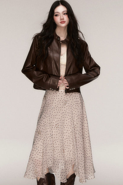 Brown Stand-Up Collar PU Leather Jacket