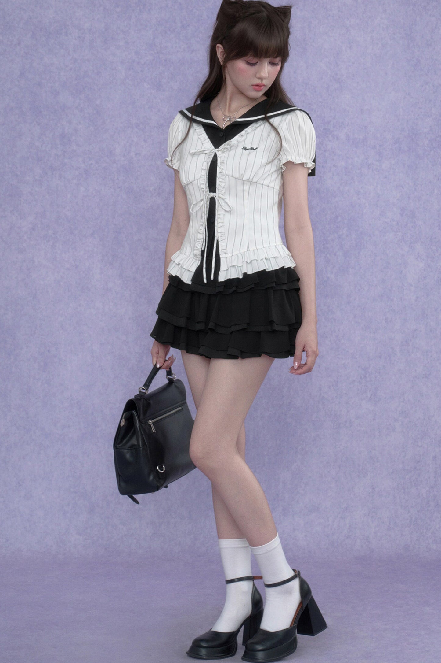 White Sailor-Collar Striped Top