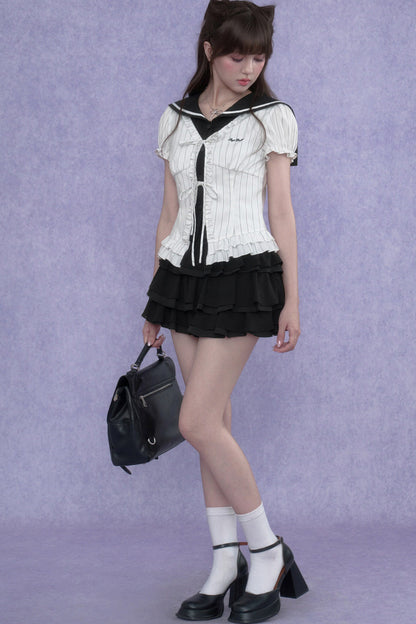 White Sailor-Collar Striped Top