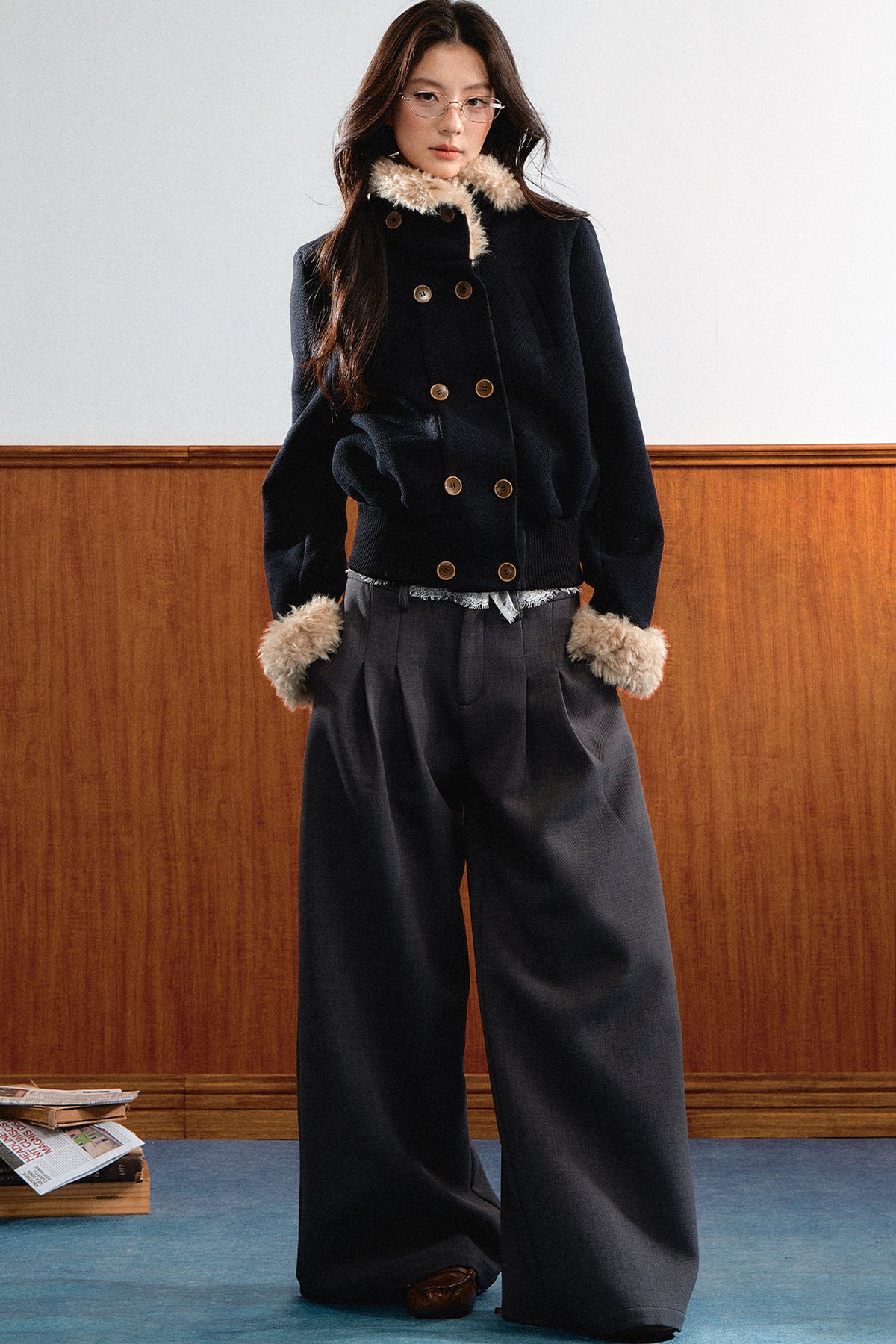 Double-Breasted Fur Trim Jacket