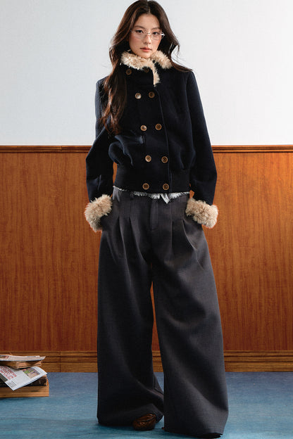 Double-Breasted Fur Trim Jacket