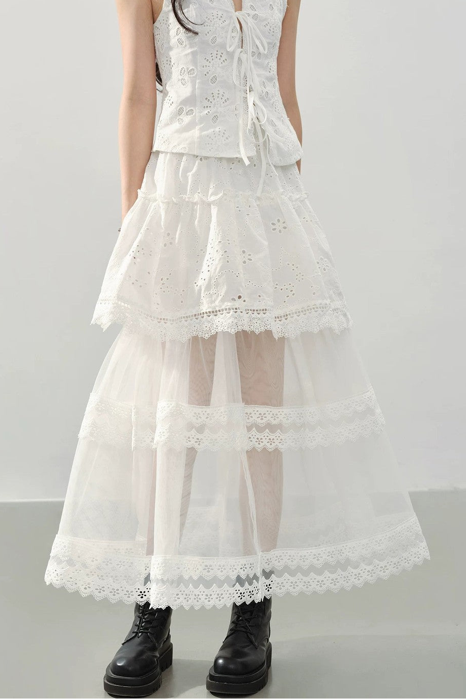 Gonna A-Line In Pizzo Bianco A Balze