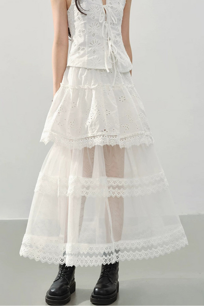 Gonna A-Line In Pizzo Bianco A Balze