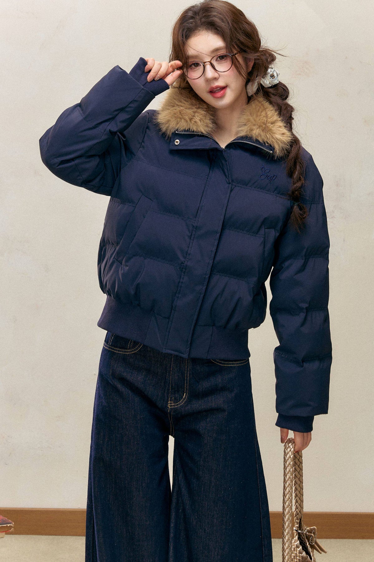 Navy Blue Fur Collar Padded Jacket and Pants Set-Up
