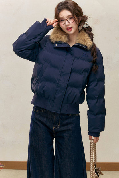 Navy Blue Fur Collar Padded Jacket and Pants Set-Up