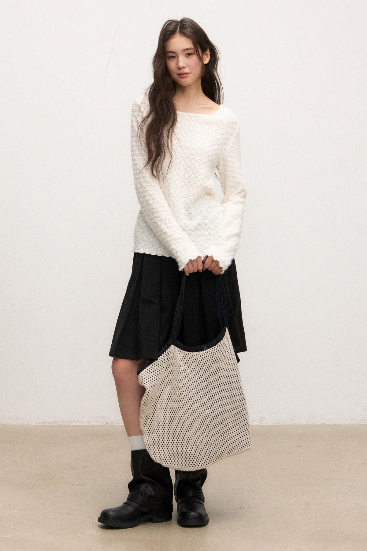 Textured Long Sleeve Knit Sweater With Pants and Skirt Set-Up