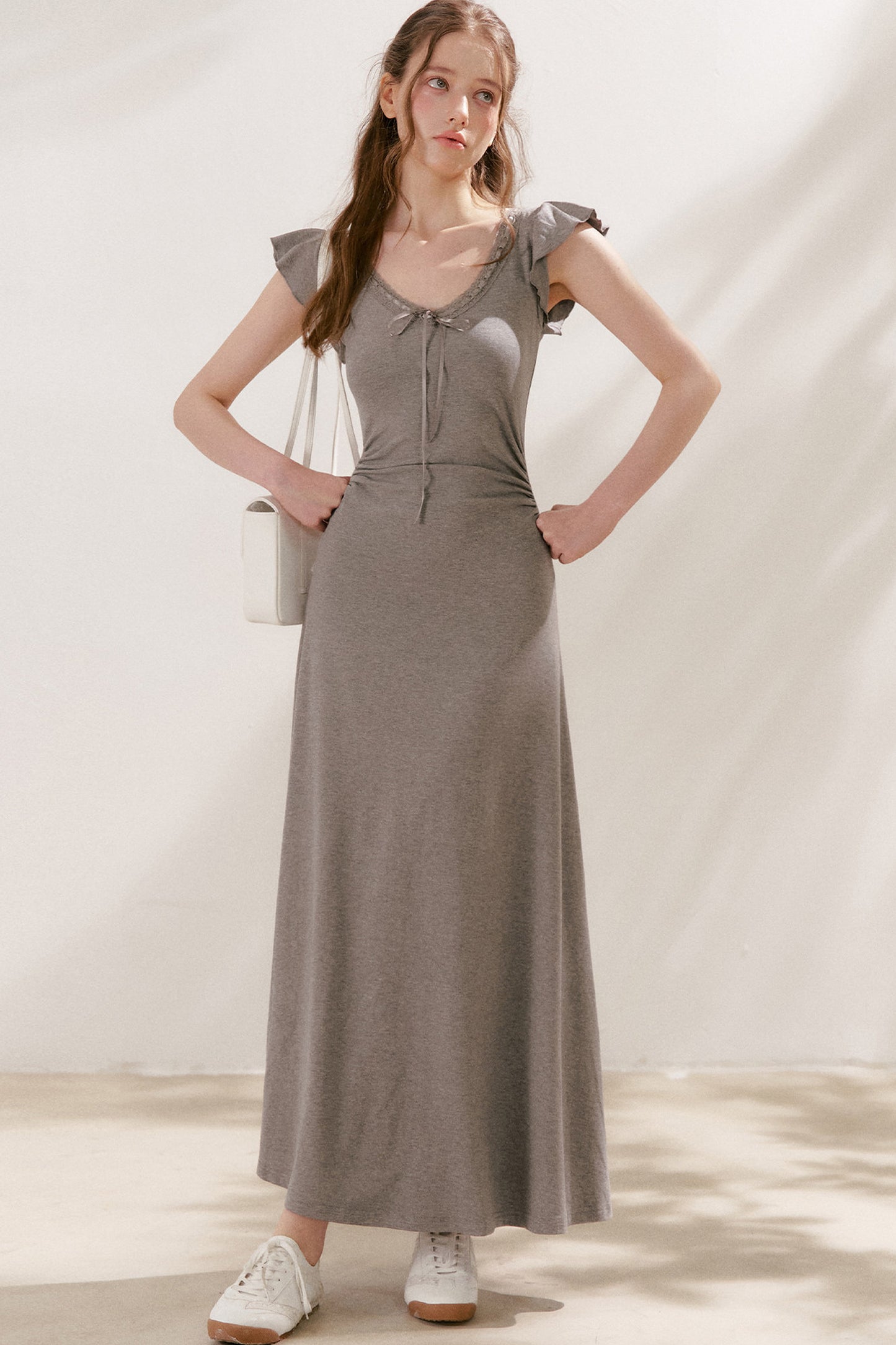 Bow Tie V-Neck Flutter Sleeve Maxi Dress