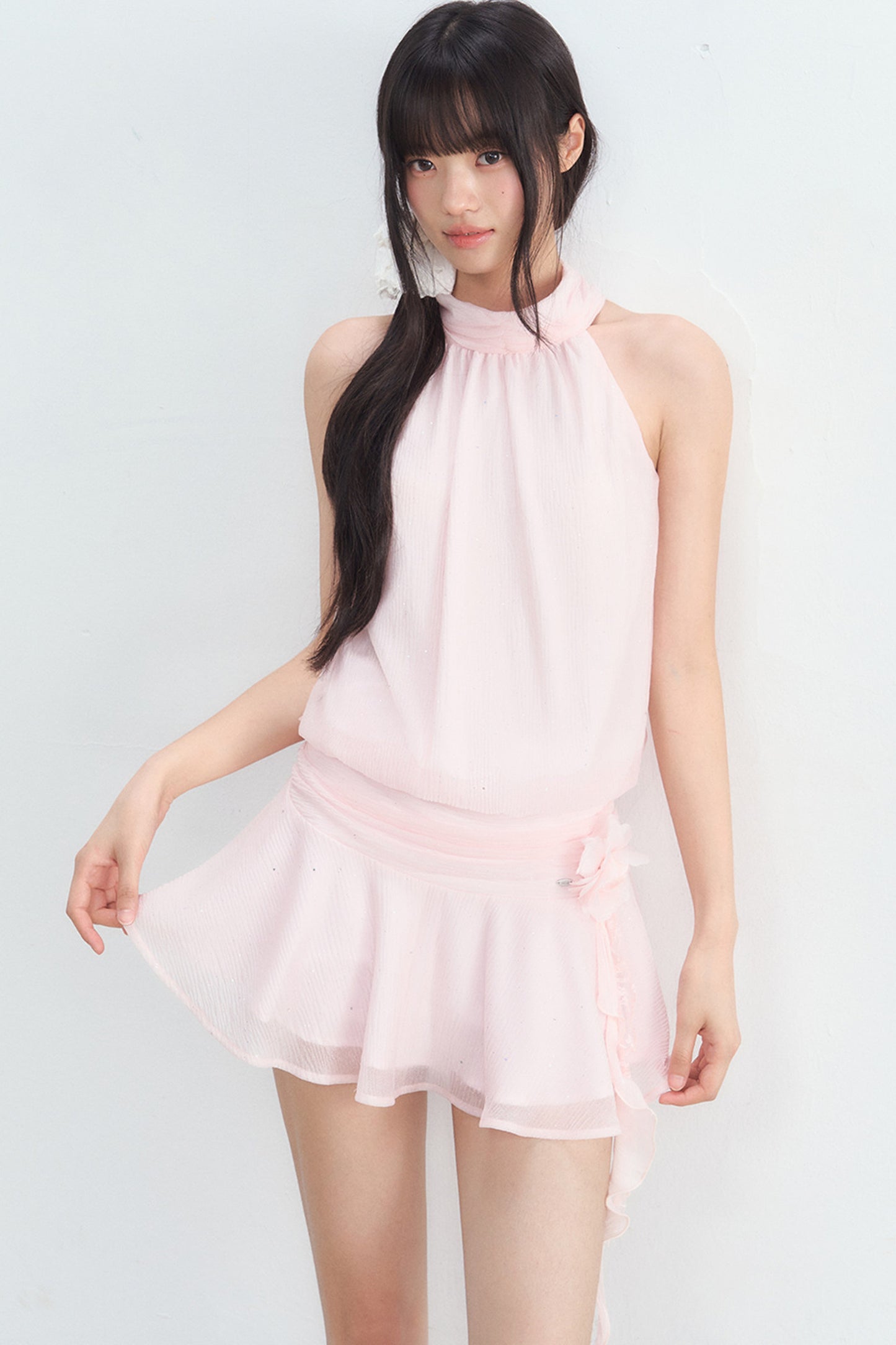 Pink Textured Chiffon Sleeveless Halter Dress